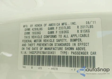 2011 Honda Accord 2.4 Se from USA, damaged, VIN 1HGCP2F67BA155451